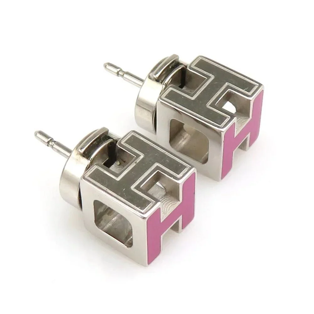 HERMES H Cube Pierce Earrings Silver/Magenta Metal/Enamel - Picture 6 of 10